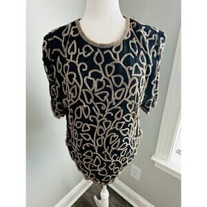 Lawrence Kazar Beaded Top XXL Black Gold Sequin Embellished Evening Blouse